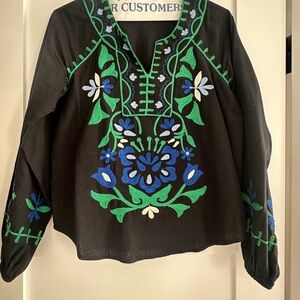 Roller Rabbit Black Top with Green and Blue Embroidery